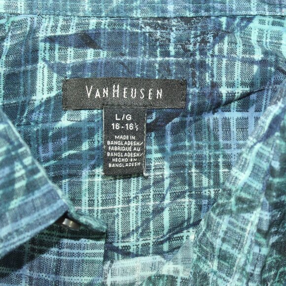 90s Van Heusen Mens L Blue Green Hawaiin Tropical Plaid Polyester Casual Shirt - Picture 2 of 4